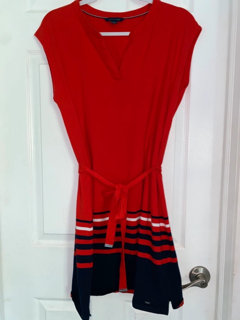 Tommy Hilfiger Red V-Neck Belted Midi Dress with Navy Stripe Hem